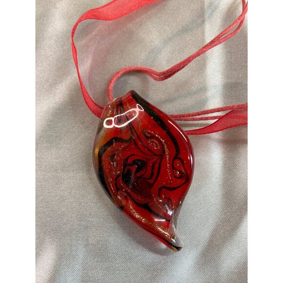 Murano Style Red Glass Pendant Necklace Flame Teardrop Art Ribbon Boho Jewelry - Picture 2 of 5